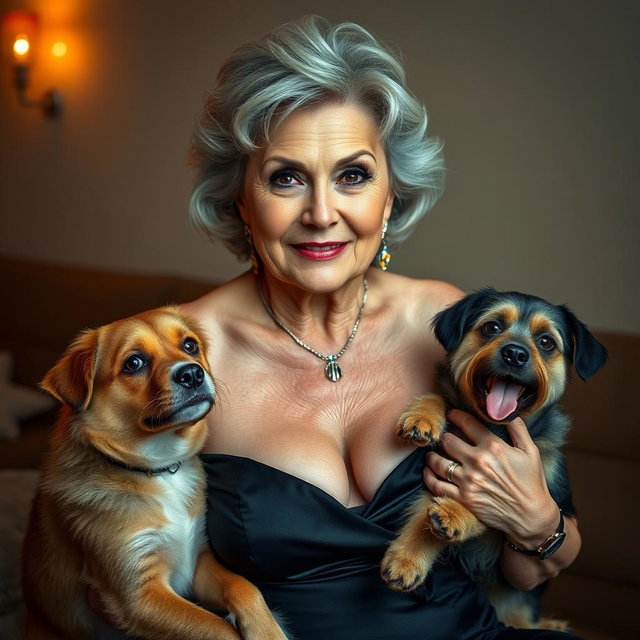 An attractive 70-year-old woman dressed in sexy attire, confidently showcasing her ample décolletage