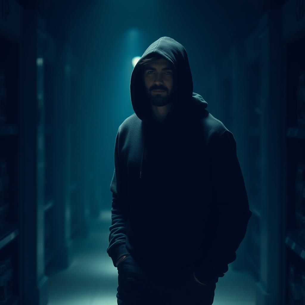 A man wearing a black hoodie sweater, with a casual and relaxed demeanor, walking through a dimly lit aisle