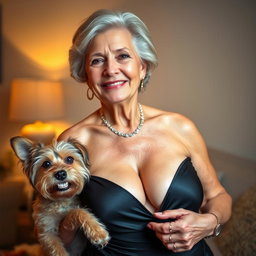 An attractive 70-year-old woman dressed in sexy attire, confidently showcasing her ample décolletage