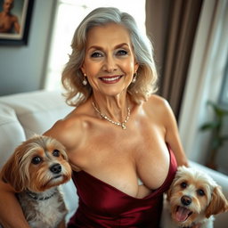 An attractive 70-year-old woman dressed in sexy attire, confidently showcasing her ample décolletage