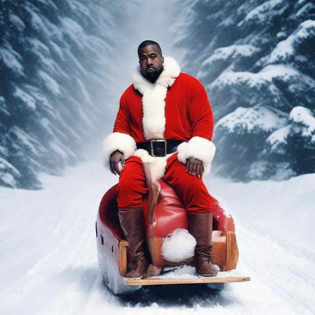 Kanye West dressed as Santa Claus, confidently standing in a sled, commanding a flurry of activity without any slaying involved.