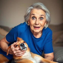 An attractive 70-year-old woman with a surprised expression, looking directly at the camera
