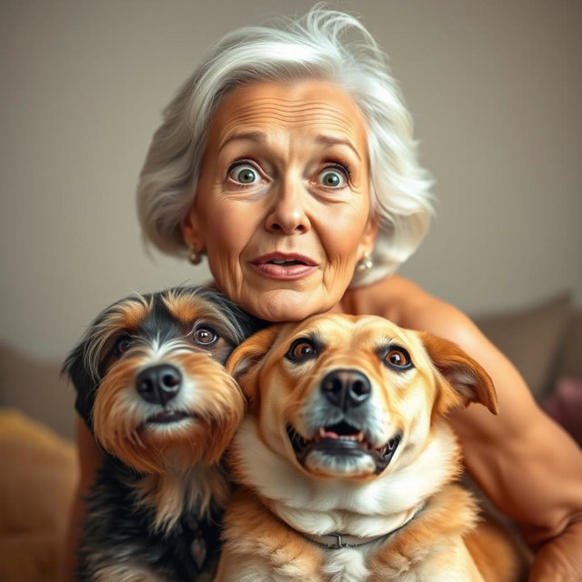 An attractive 70-year-old woman with a surprised expression, looking directly at the camera