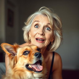 An attractive 70-year-old woman with a surprised expression, looking directly at the camera