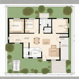 A detailed 1250 square foot house plan that includes a space for car parking. Show the house in a 2D overhead layout.