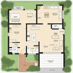 A detailed 1250 square foot house plan that includes a space for car parking. Show the house in a 2D overhead layout.