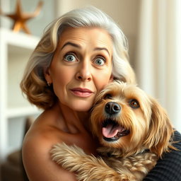 An attractive 70-year-old woman with a surprised expression, looking directly at the camera
