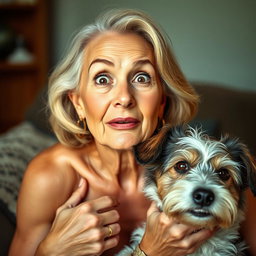 An attractive 70-year-old woman with a surprised expression, looking directly at the camera