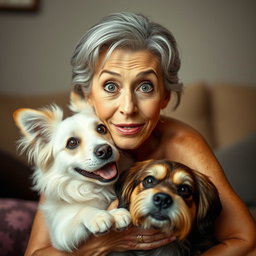 An attractive 70-year-old woman with a surprised expression, looking directly at the camera