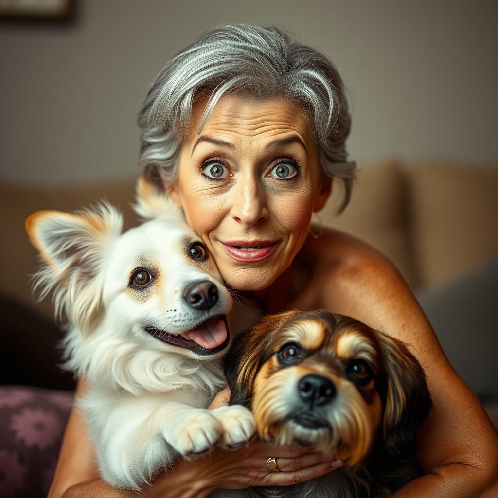 An attractive 70-year-old woman with a surprised expression, looking directly at the camera