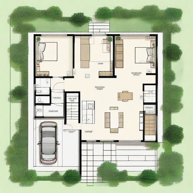 A detailed 1250 square foot house plan that includes a space for car parking. Show the house in a 2D overhead layout.