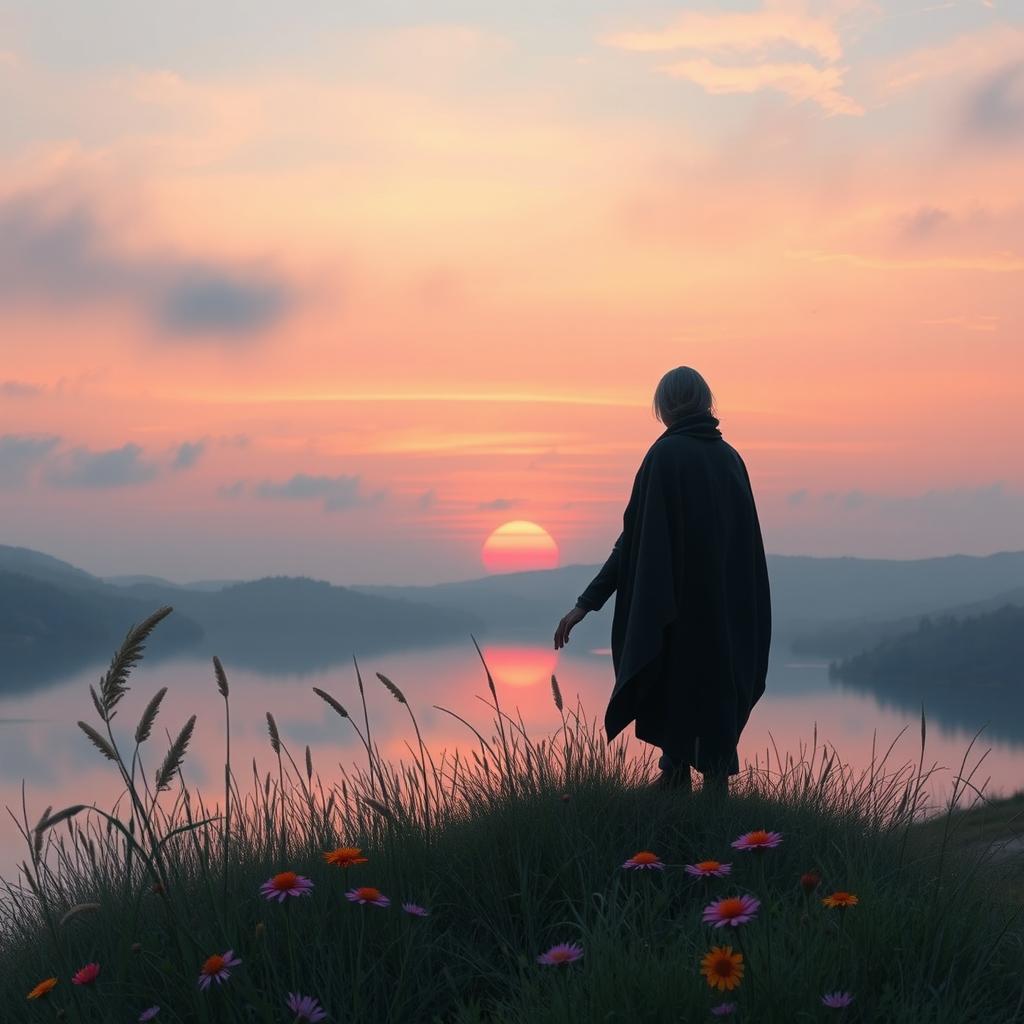 A serene landscape expressing a sense of melancholy yet beauty, featuring a solitary figure standing on a hill overlooking a calm lake at sunset