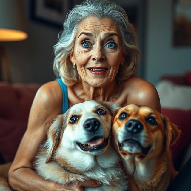 An attractive 70-year-old woman with a surprised expression, looking directly at the camera