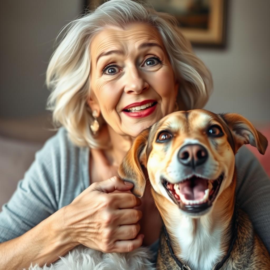 An attractive 70-year-old woman with a surprised expression, looking directly at the camera