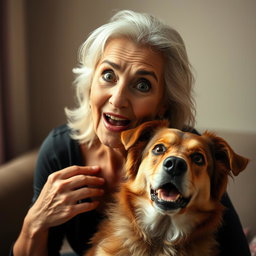 An attractive 70-year-old woman with a surprised expression, looking directly at the camera