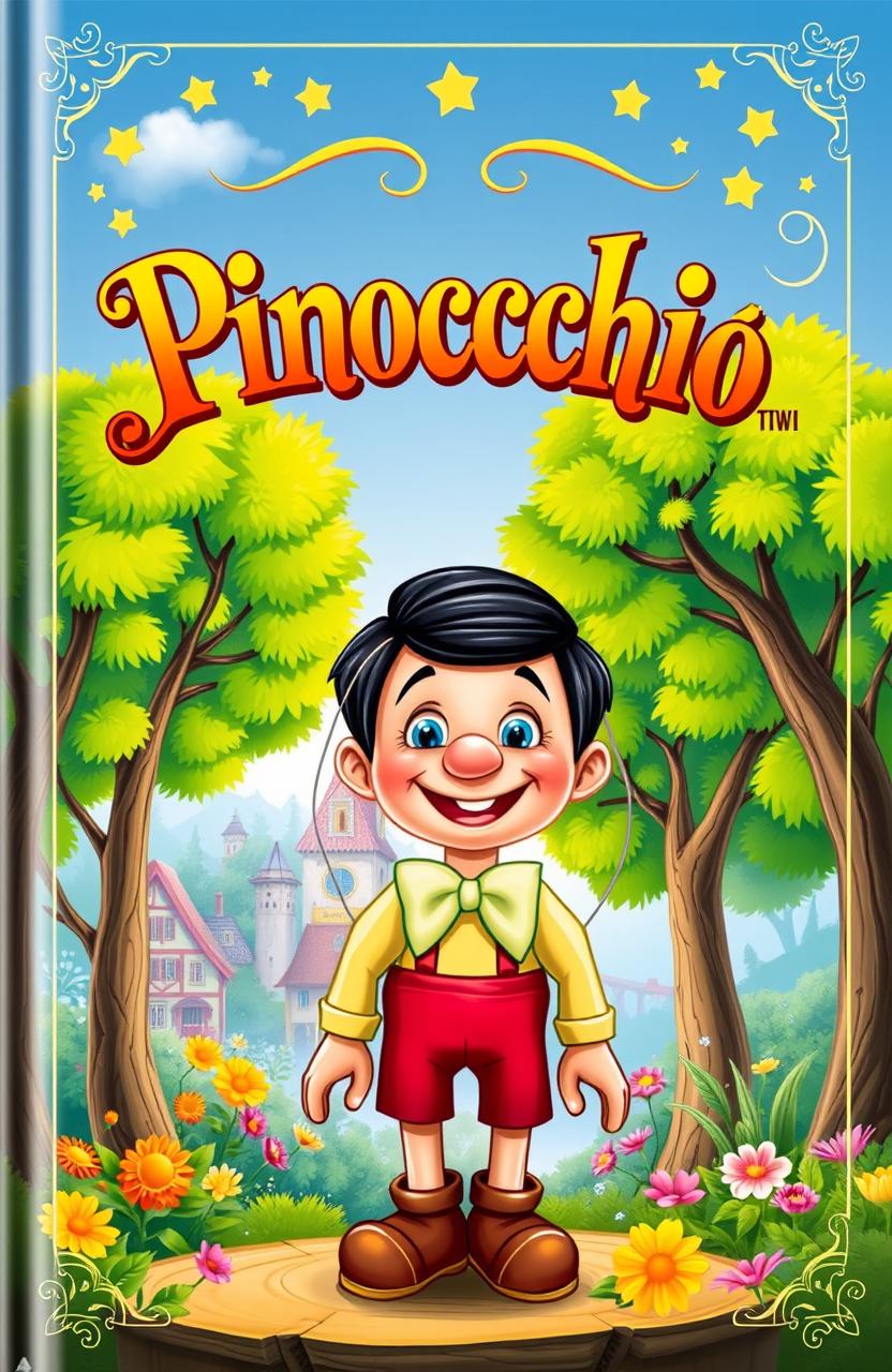 A whimsical book cover design for 'Pinocchio', featuring a charming wooden puppet named Pinocchio with bright blue eyes and a mischievous smile