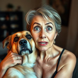 An attractive 70-year-old woman with a surprised expression, looking directly at the camera