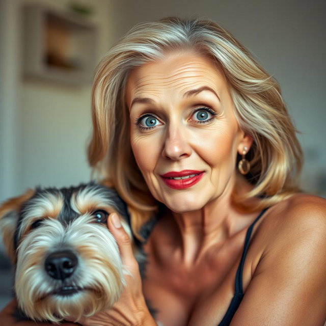 An attractive 70-year-old woman with a surprised expression, looking directly at the camera