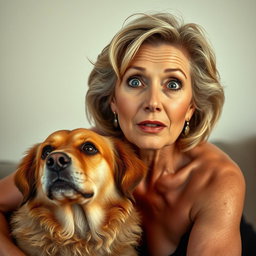 An attractive 70-year-old woman with a surprised expression, looking directly at the camera