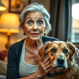 An attractive 70-year-old woman with a surprised expression, looking directly at the camera