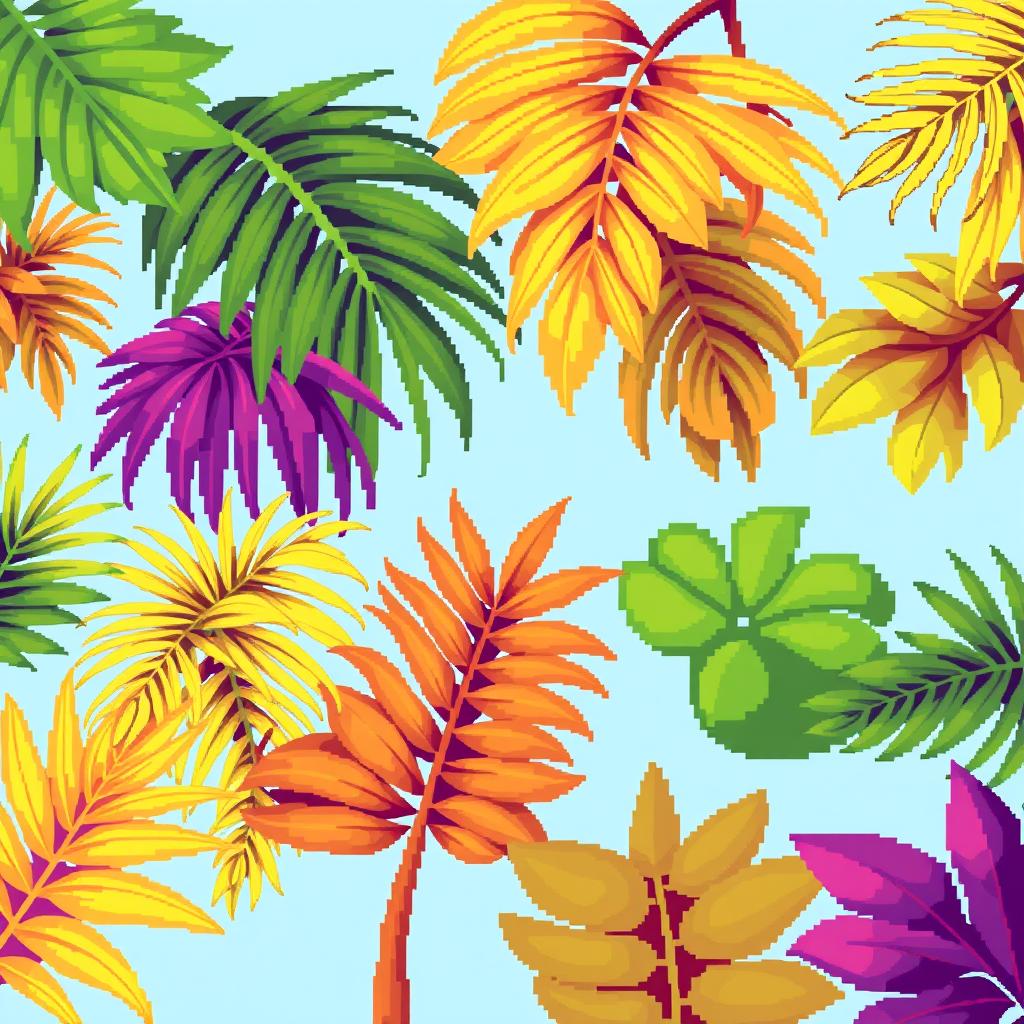 A vibrant collection of pixelated palm leaves, showcasing a variety of shades of green with a retro gaming aesthetic, the leaves should be artistically arranged with a whimsical feel, resembling digital art typical of 8-bit video games, against a light blue background to enhance the tropical vibe