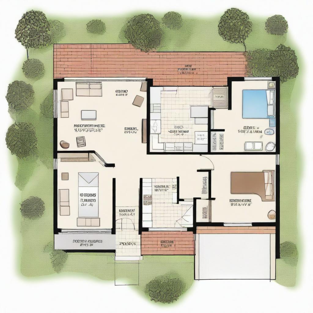 A detailed 1250 square foot house plan that includes a space for car parking. Show the house in a 2D overhead layout.