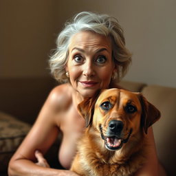 An attractive 70-year-old woman with a surprised expression, looking directly at the camera