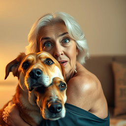 An attractive 70-year-old woman with a surprised expression, looking directly at the camera