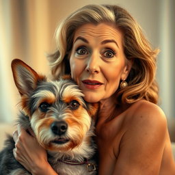 An attractive 70-year-old woman with a surprised expression, looking directly at the camera