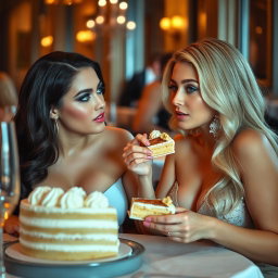 A beautiful, stunning, voluptuous curvy blonde woman, sitting at a table in the back of a fancy restaurant, sharing a piece of cake