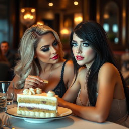 A beautiful, stunning, voluptuous curvy blonde woman, sitting at a table in the back of a fancy restaurant, sharing a piece of cake