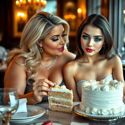 A beautiful, stunning, voluptuous curvy blonde woman, sitting at a table in the back of a fancy restaurant, sharing a piece of cake