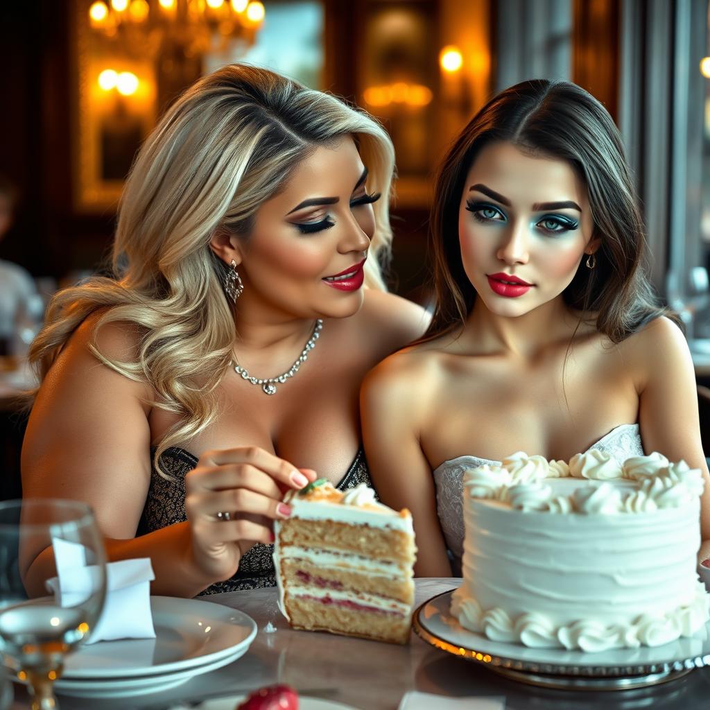 A beautiful, stunning, voluptuous curvy blonde woman, sitting at a table in the back of a fancy restaurant, sharing a piece of cake