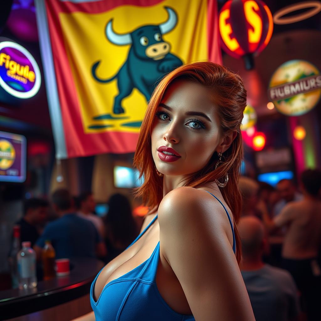 A close-up shot of a stunning redhead with captivating features, wearing a little blue dress that accentuates her curves