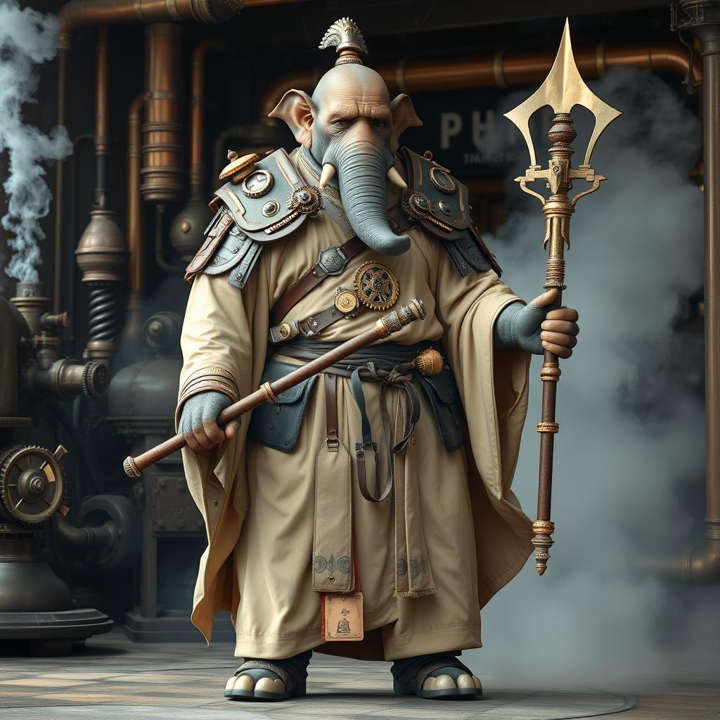 A male Loxodon monk embodying the Way of the Kensei, clad in elaborate sand-colored robe armor that uniquely fuses traditional monk garments with a striking steampunk style
