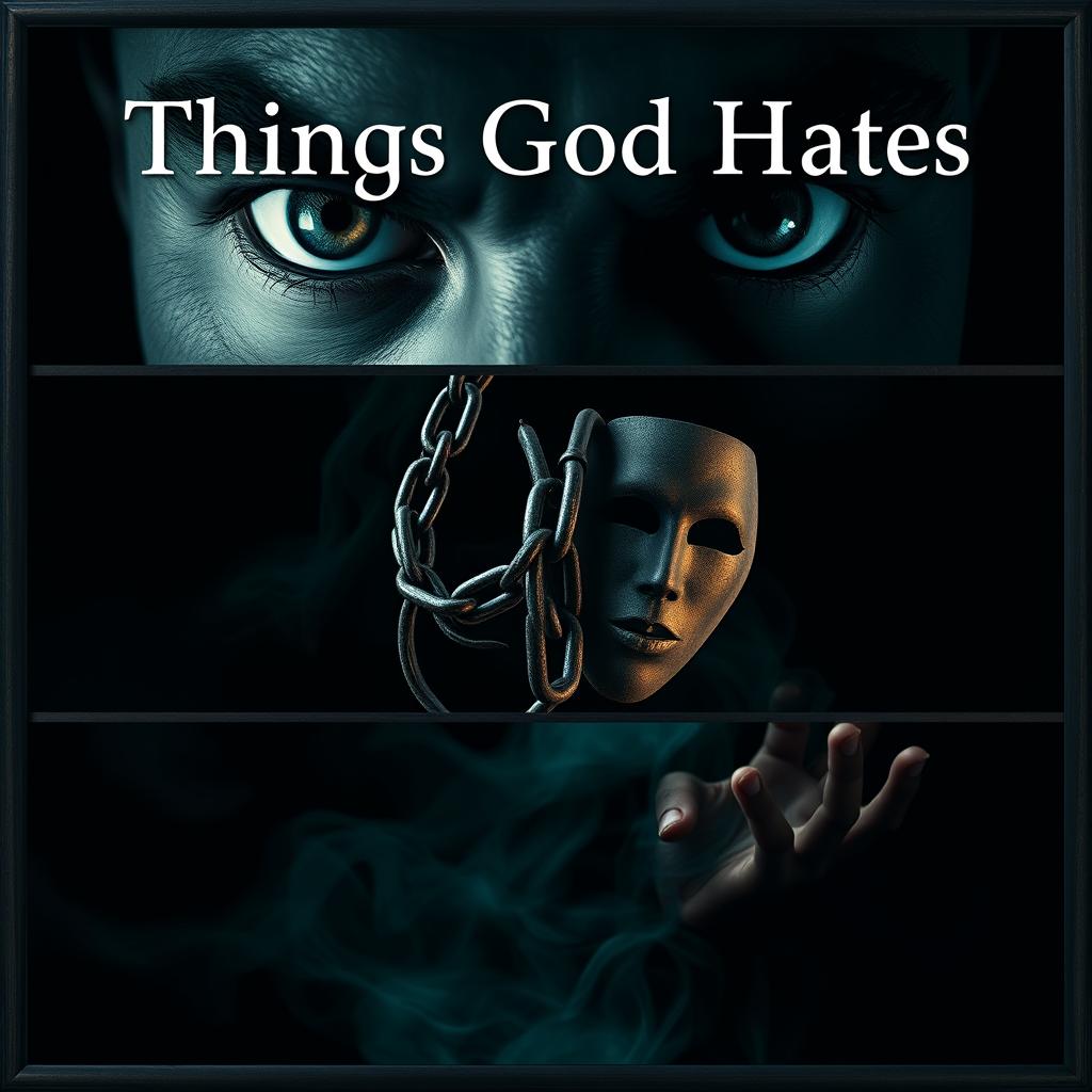 A triptych visual representation of three things God hates, with each element depicted separately for emphasis: 1) A close-up of intense, piercing eyes, filled with emotion, evoking a sense of judgment and disapproval
