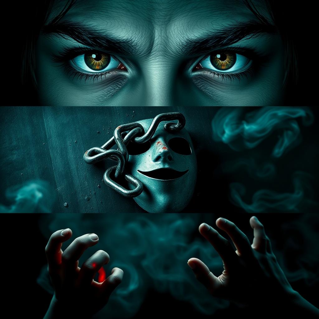 A horizontal triptych illustrating three things that God hates, with each visual element distinct yet united: 1) A striking close-up of piercing eyes filled with emotion, conveying judgment and disapproval, set against a dark, ominous background