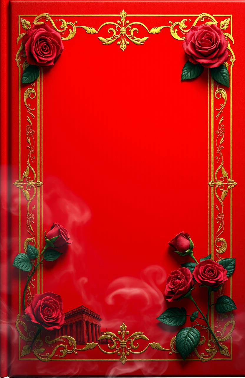 A striking red cover adorned with an ornate gold border, featuring beautifully detailed roses elegantly placed along the edges