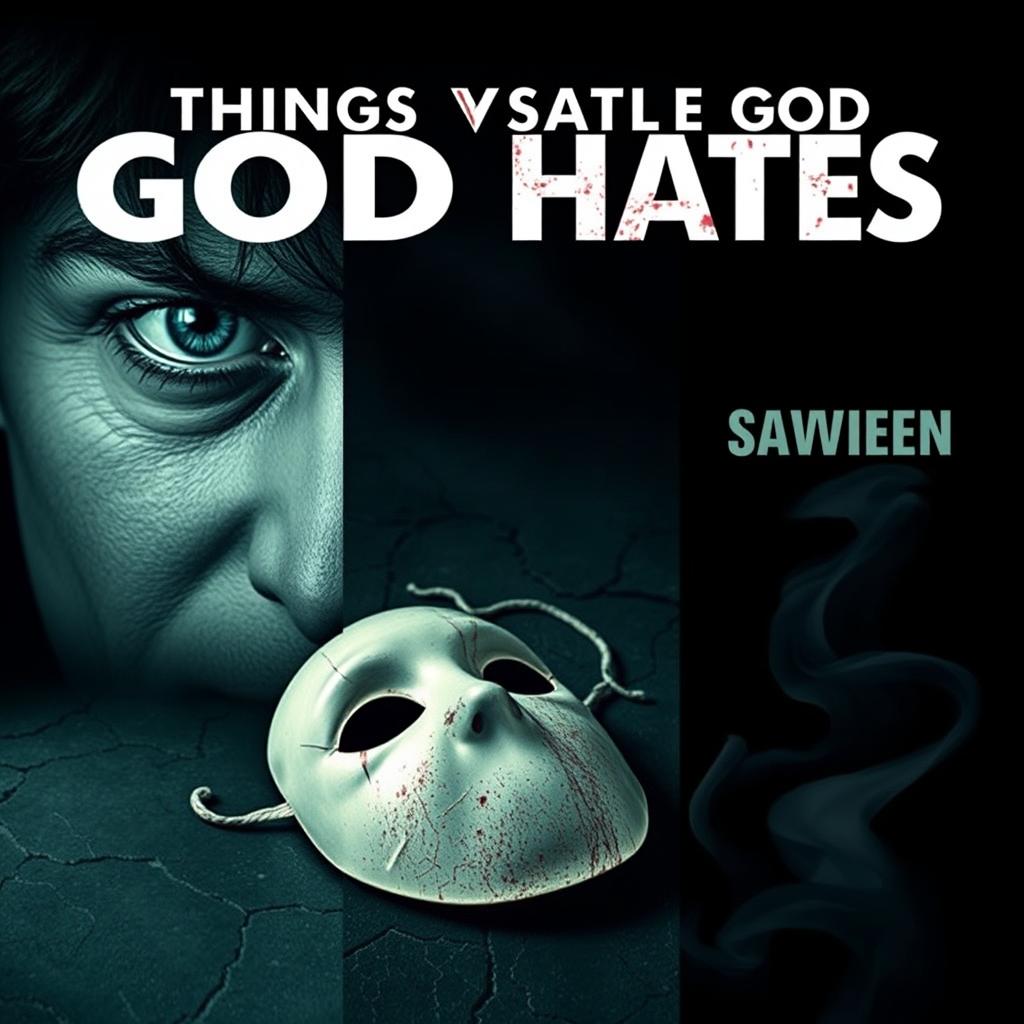 A vertical triptych illustrating three things that God hates, with each visual separated for clarity: 1) A captivating close-up of piercing eyes, filled with emotion and judgment, set against an ominous, dark background to evoke a sense of disapproval