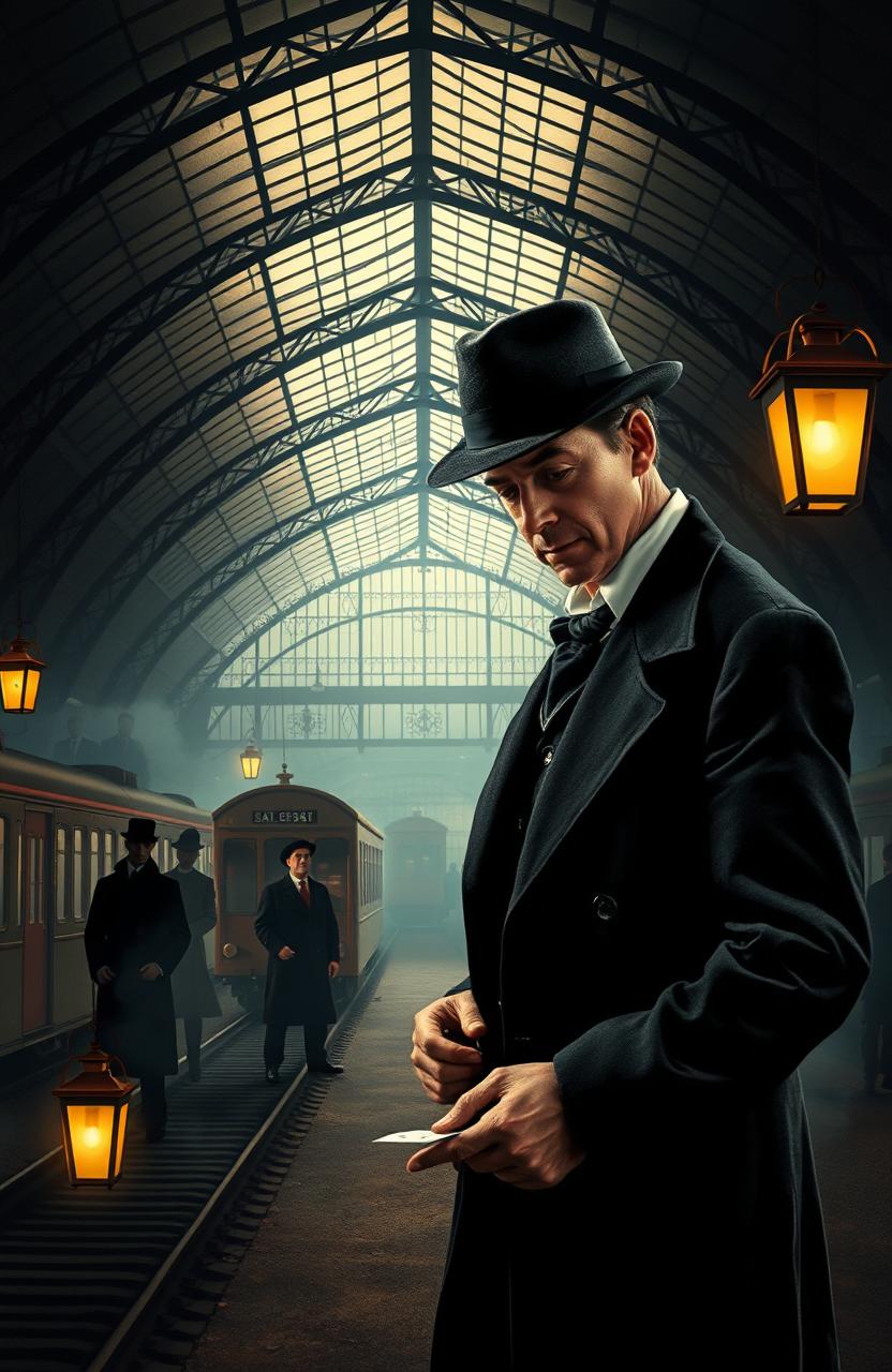 A dramatic scene inspired by Agatha Christie, set at a vintage railway station featuring a grand canopy roof