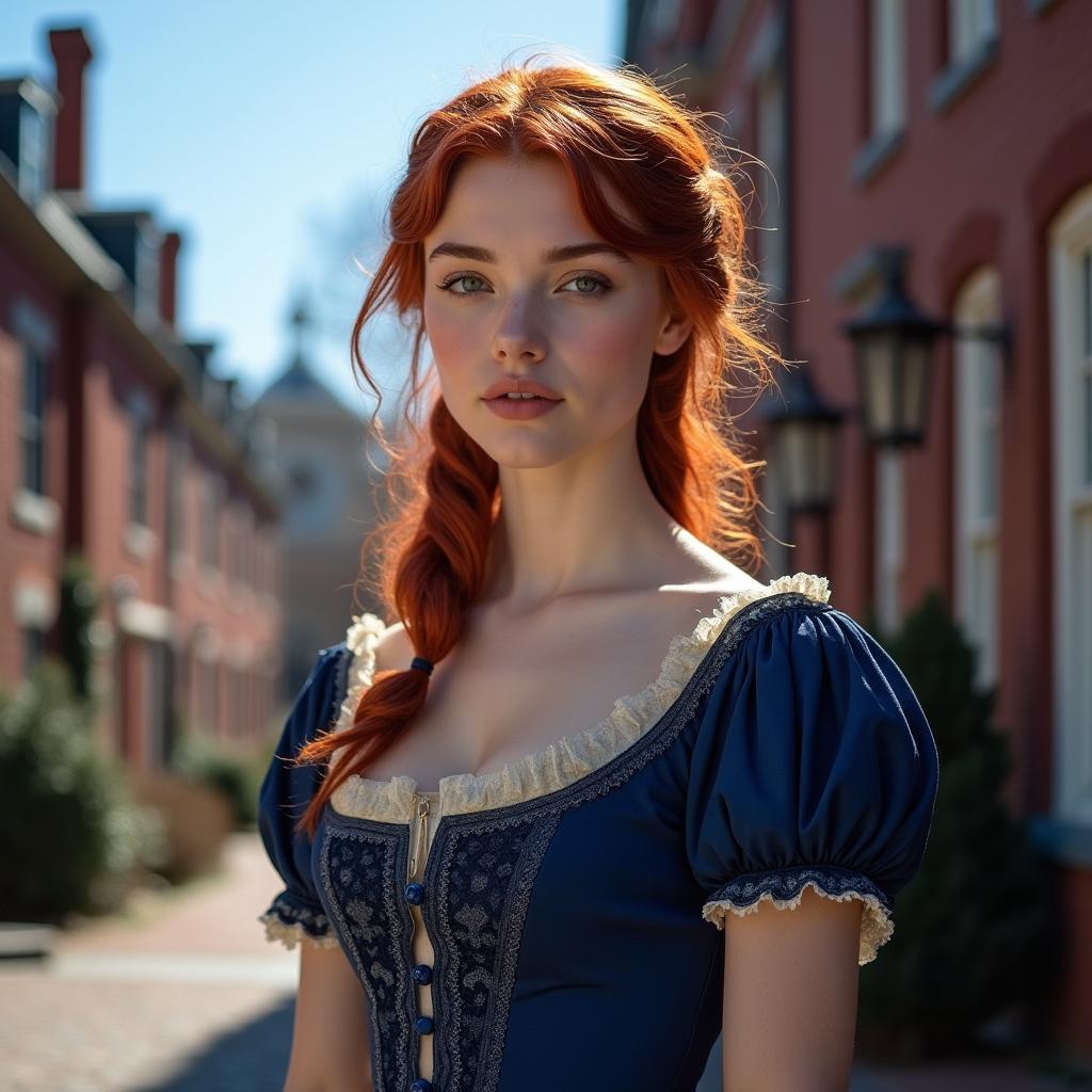 A young woman with striking dark red hair, elegant and poised, wearing a richly detailed indigo colored gown typical of the 1700s fashion in Boston