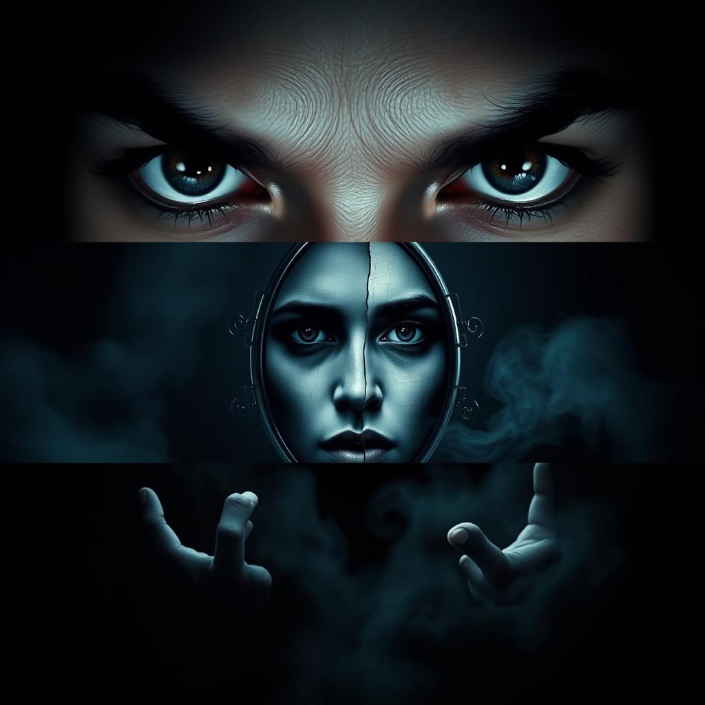 A horizontal triptych showcasing three distinct elements: 1) A dramatic close-up of captivating eyes, filled with deep emotion and intensity, set against a dark background to enhance their piercing gaze