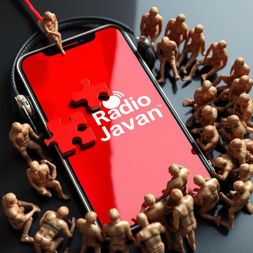 A modern smartphone with sleek headphones attached, the screen of the phone is creatively designed with a vibrant red puzzle pattern