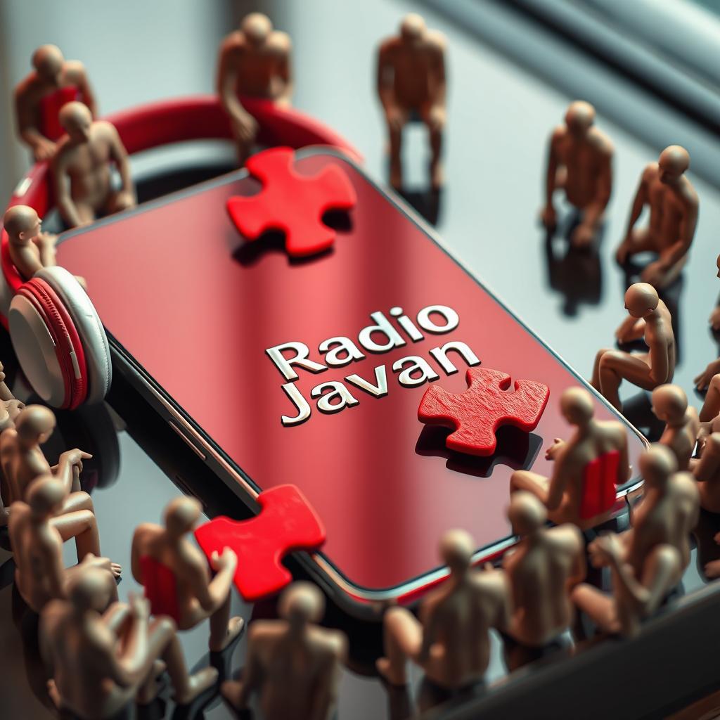 A smartphone with headphones, its screen creatively divided into a vibrant red puzzle