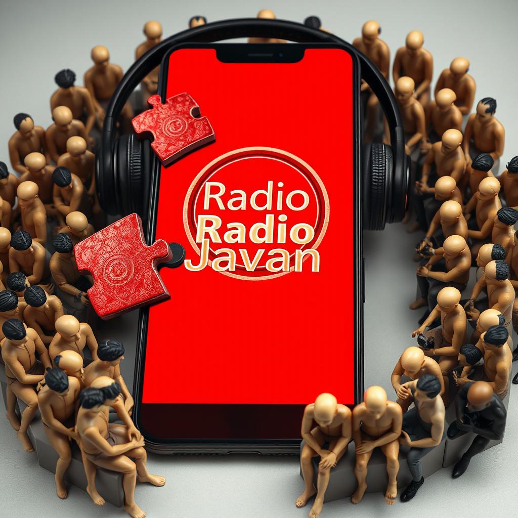 A smartphone with headphones, the screen divided into a vibrant red puzzle graphic with the logo "Radio Javan" engraved prominently