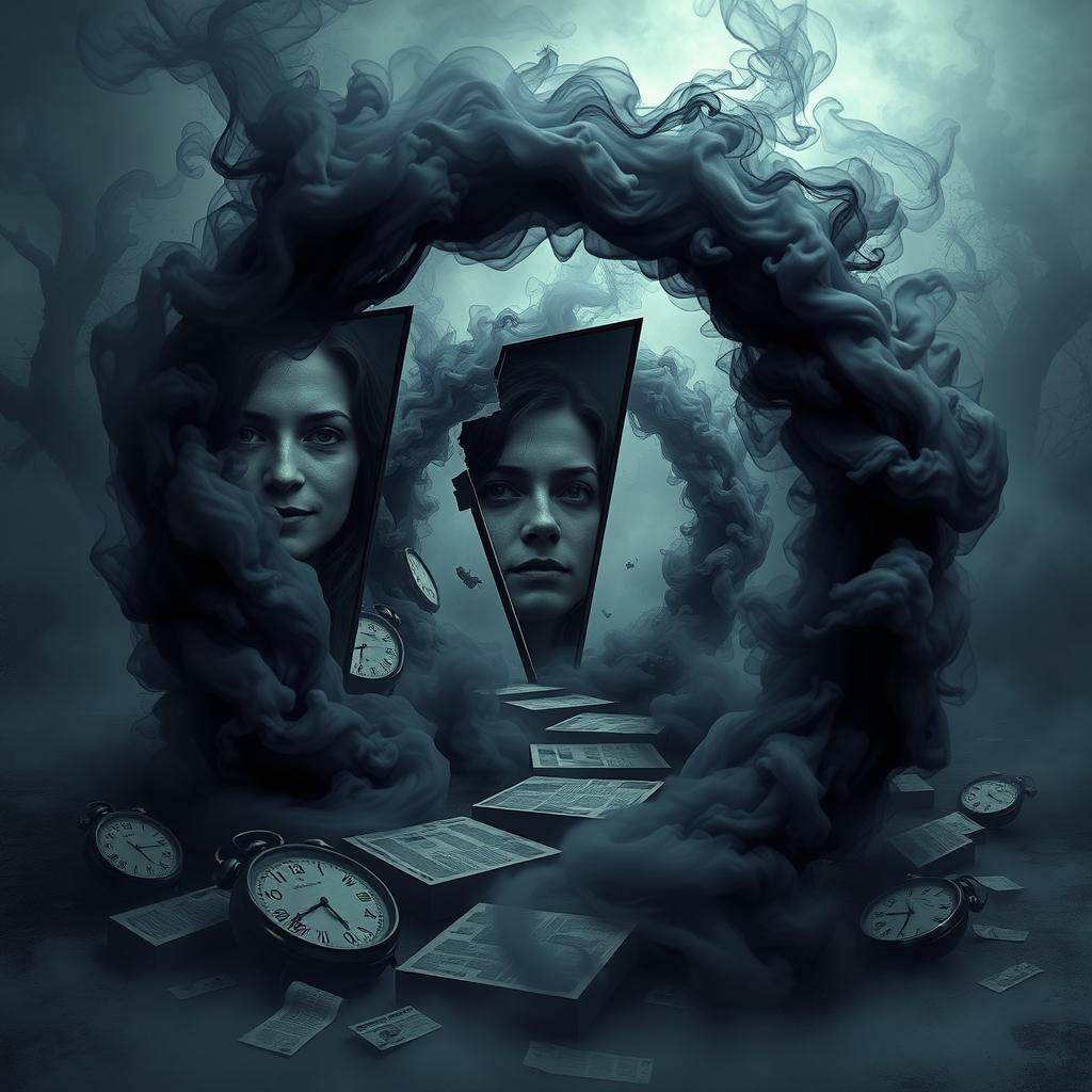 A surreal representation of lies depicted through a twisted, labyrinthine path made of thick, dark smoke swirling around fragmented mirrors