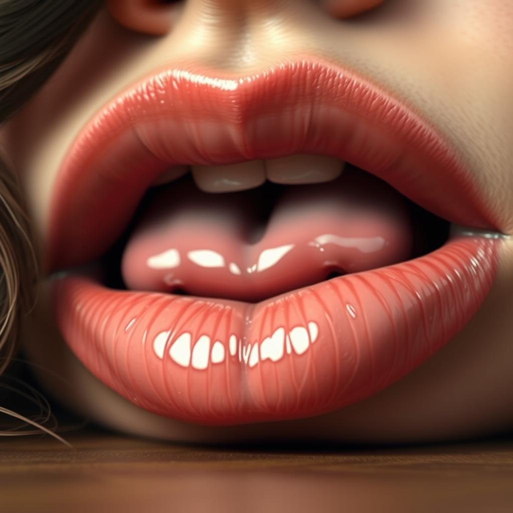A highly detailed artistic representation of a mouth lying open, showcasing intricately detailed lips with a glossy finish