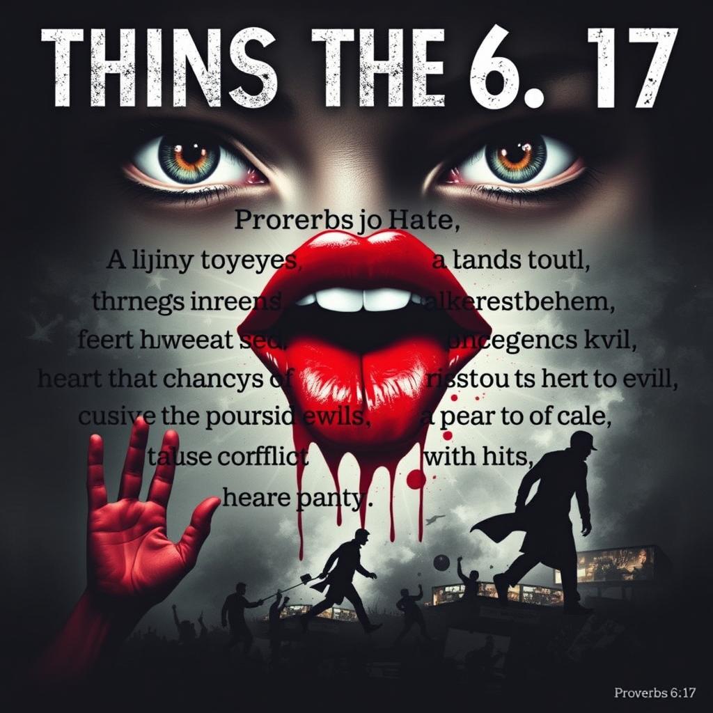 A visually striking artwork that embodies the message of Proverbs 6:17, which speaks of things the Lord hates: haughty eyes, a lying tongue, hands that shed innocent blood, a heart that devises wicked schemes, feet that are quick to rush into evil, a false witness who pours out lies, and a person who stirs up conflict in the community