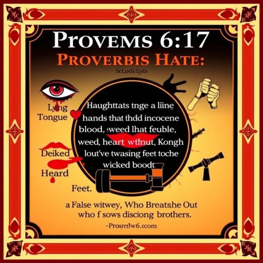 A visually striking thumbnail depicting a bold and artistic representation of Proverbs 6:17, which mentions things that the Lord hates: haughty eyes, a lying tongue, hands that shed innocent blood, a heart that devises wicked plans, feet that are swift in running to evil, a false witness who breathes out lies, and one who sows discord among brothers