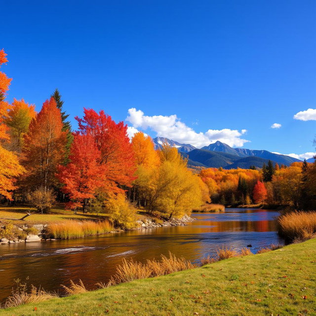 A serene landscape during autumn, featuring a vibrant forest with a variety of trees showcasing orange, red, and yellow foliage